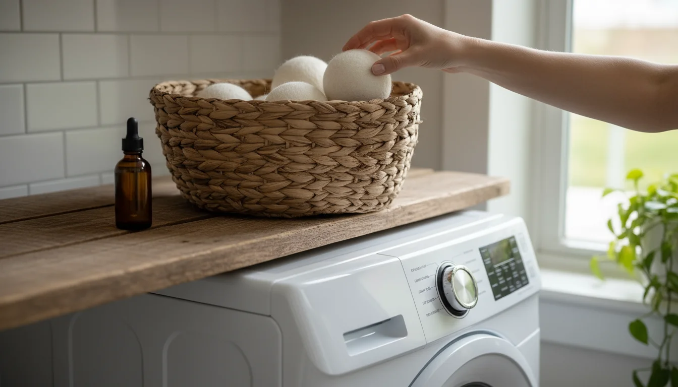 A hand reaches into a woven basket on a wooden shelf, grabbing a creamy white wool dryer ball.