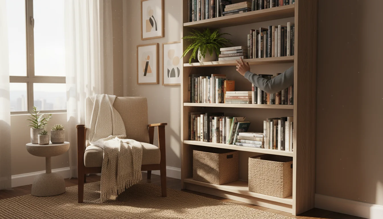 Hand reaching for a book on a tall, narrow, light wood bookcase in a sunlit corner of a small, cozy apartment living room.