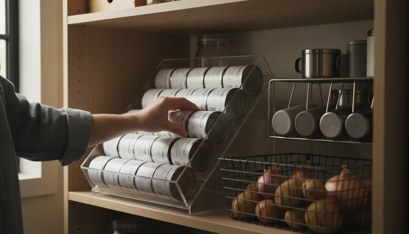 Hand reaching for a can from a gravity-fed organizer on a pantry shelf, with bottle organizers and produce bins nearby.