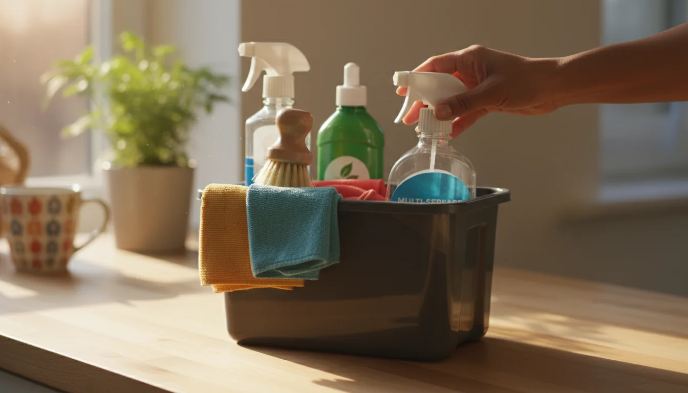 A hand reaching into a cleaning caddy filled with budget-friendly supplies on a sunlit kitchen counter.