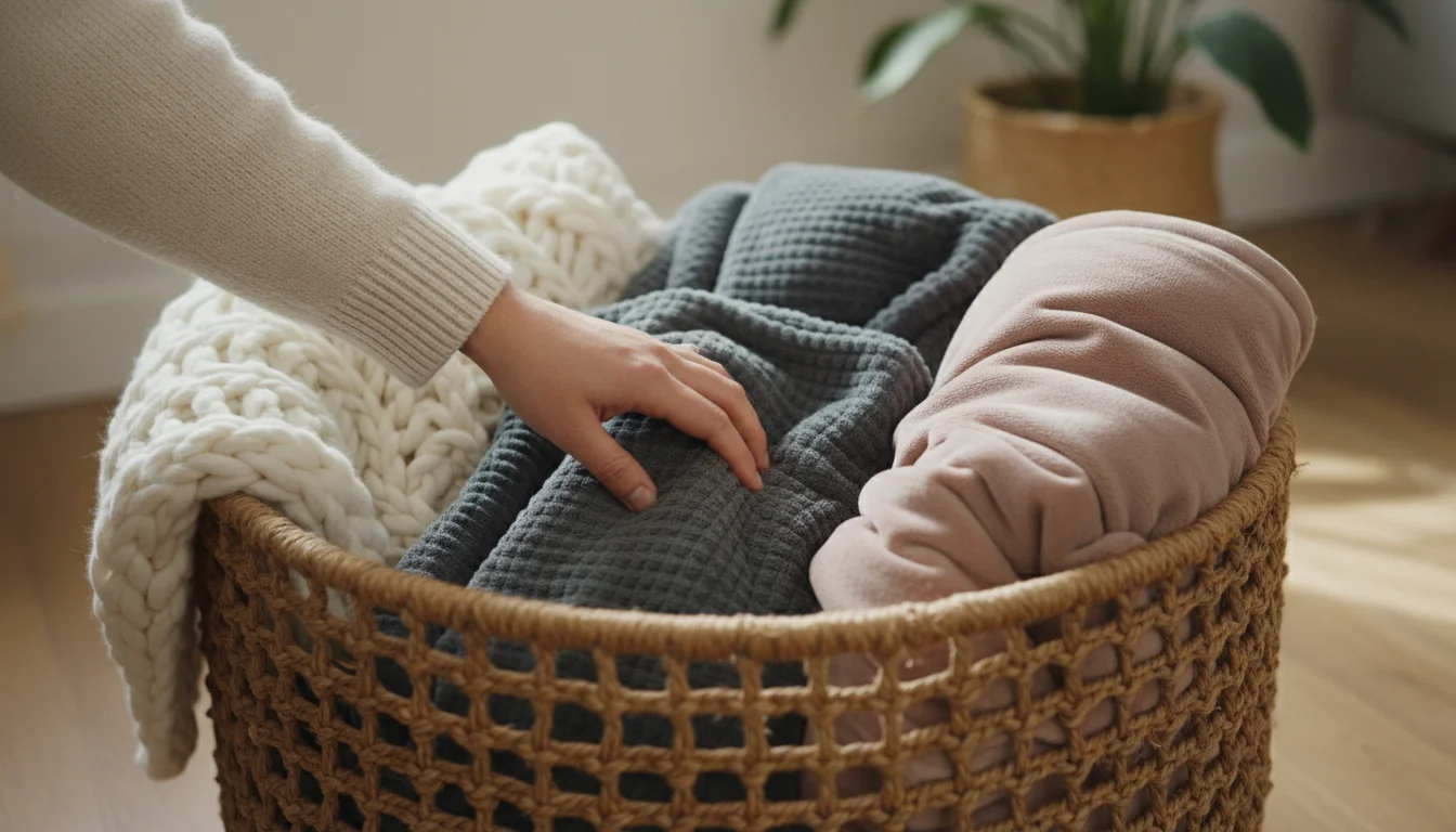 A hand reaching into a large, natural fiber woven basket overflowing with various textured throw blankets.