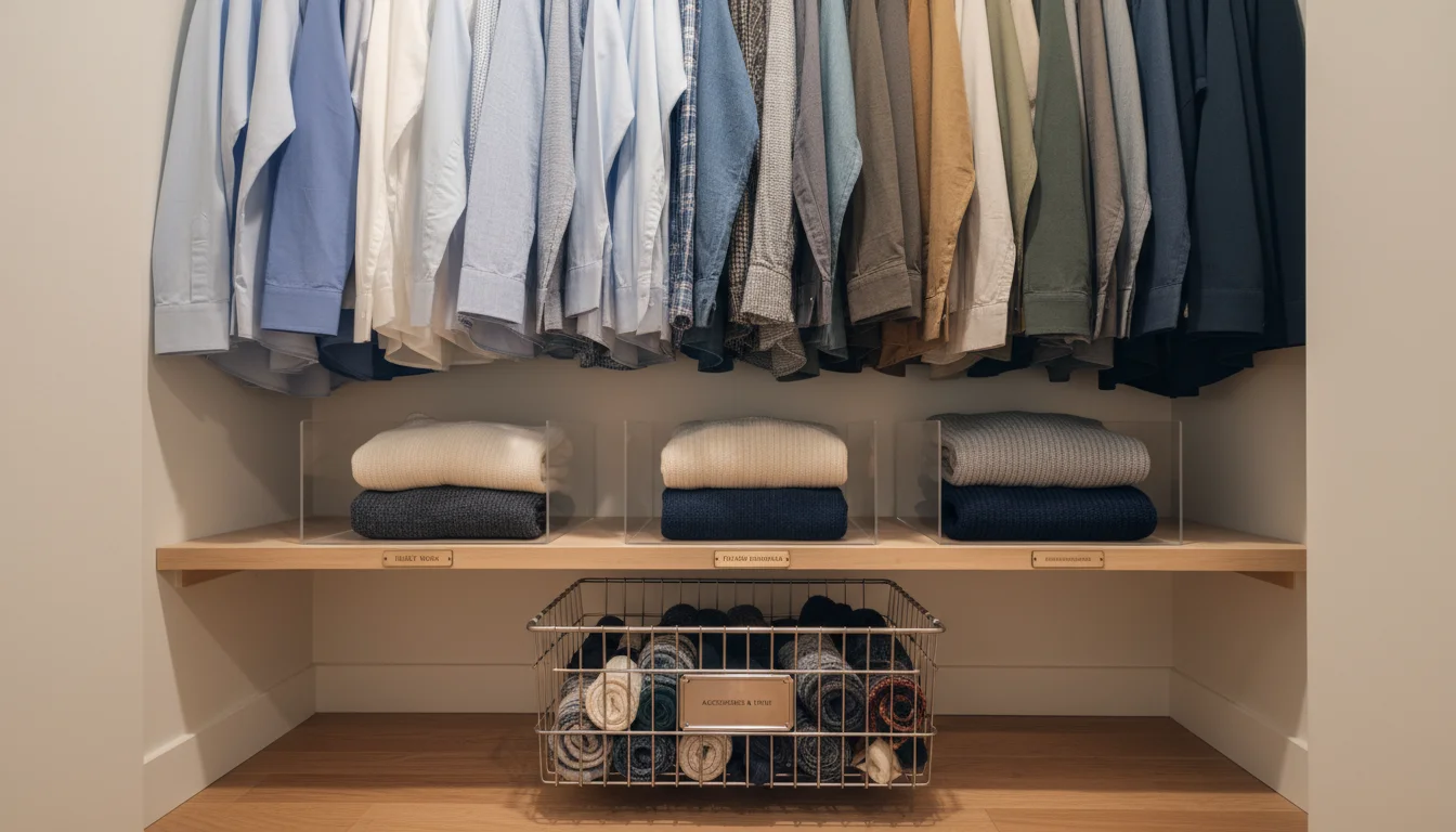 A hand reaching for a shirt in a small, organized closet showing distinct zones for hanging clothes, folded items, and small accessories.