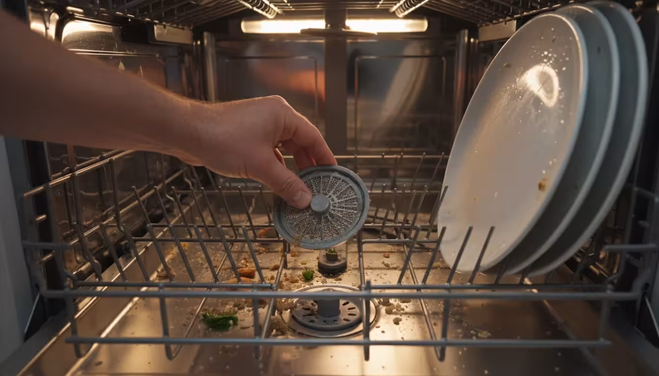 A hand removes a debris-filled filter from the bottom of an open dishwasher, showing food particles around the drain.