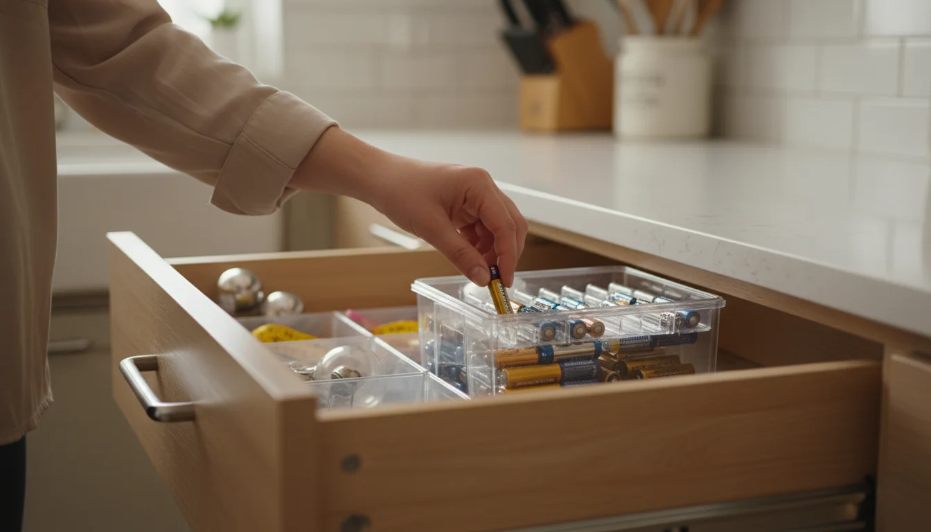 A hand retrieves a single AAA battery from a clear organizer in a tidy kitchen drawer, showing easy access.