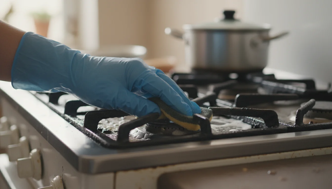 Hand in a rubber glove scrubbing baked-on grime from a gas stovetop burner, showing a contrast between dirty and clean areas.