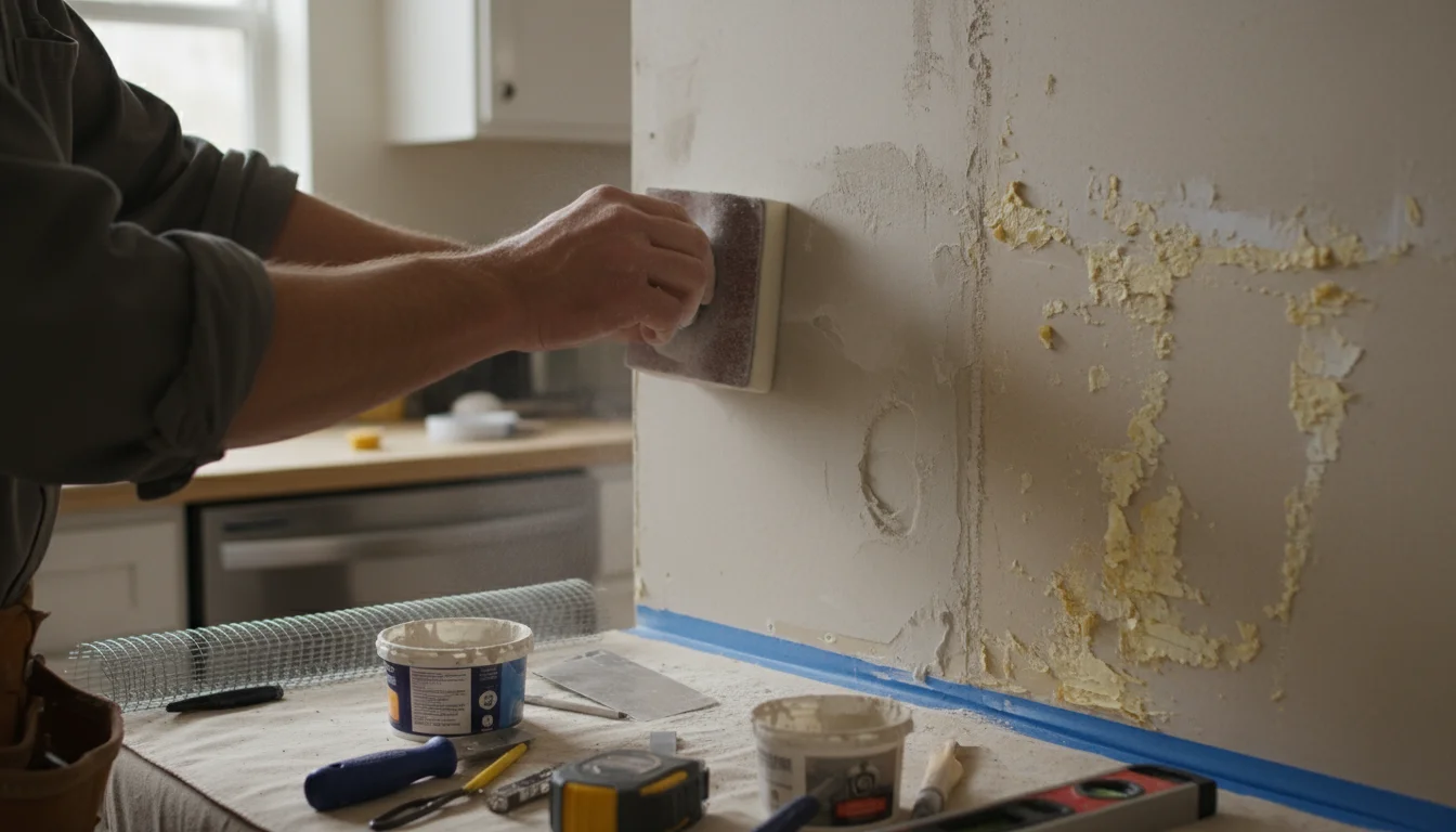 Hand sanding a patched, uneven kitchen wall. Spackle fills a divot, and old adhesive is scraped away, showing DIY prep.
