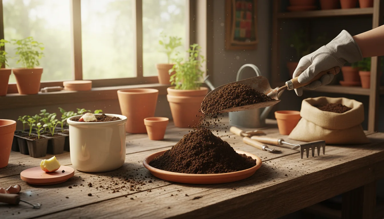 A hand scoops dark, rich compost with a trowel into a terracotta pot on a wooden bench, next to a small bin of kitchen scraps and a thriving herb plan