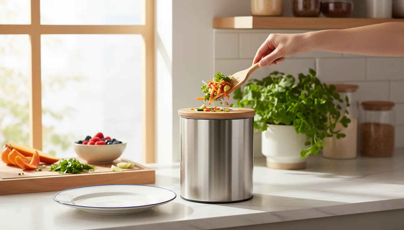 A hand scrapes food scraps from a dinner plate into a small countertop compost bin in a brightly lit kitchen.