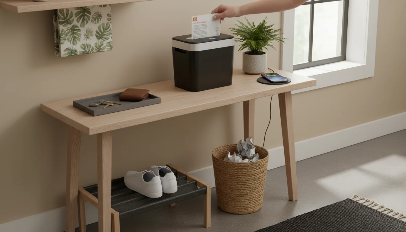 A hand shreds junk mail into a compact shredder on a console table, part of a tidy entryway system with keys, phone, and a recycling bin.