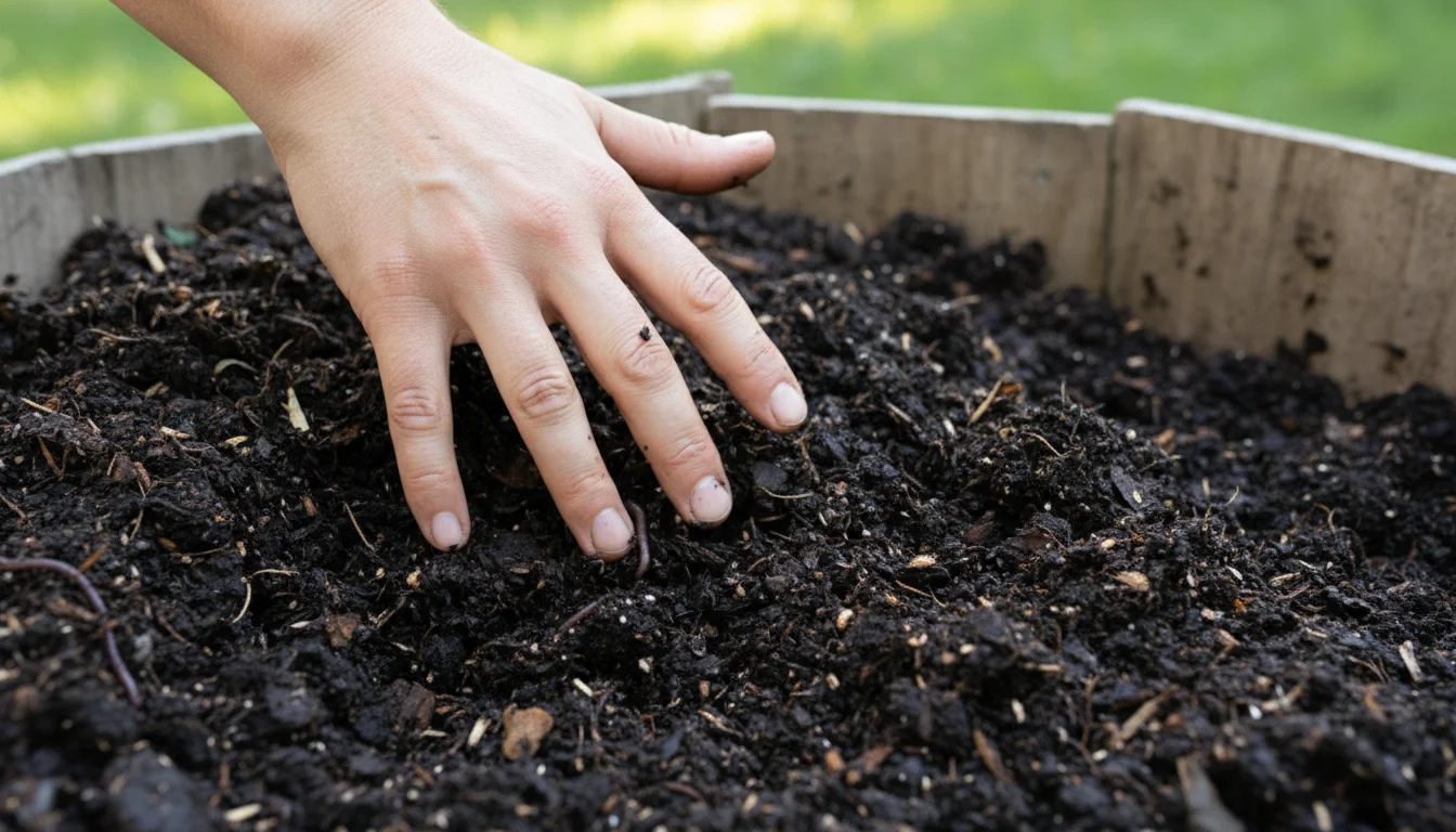 A hand sifting through dark, moist compost, checking its damp consistency inside an outdoor bin.
