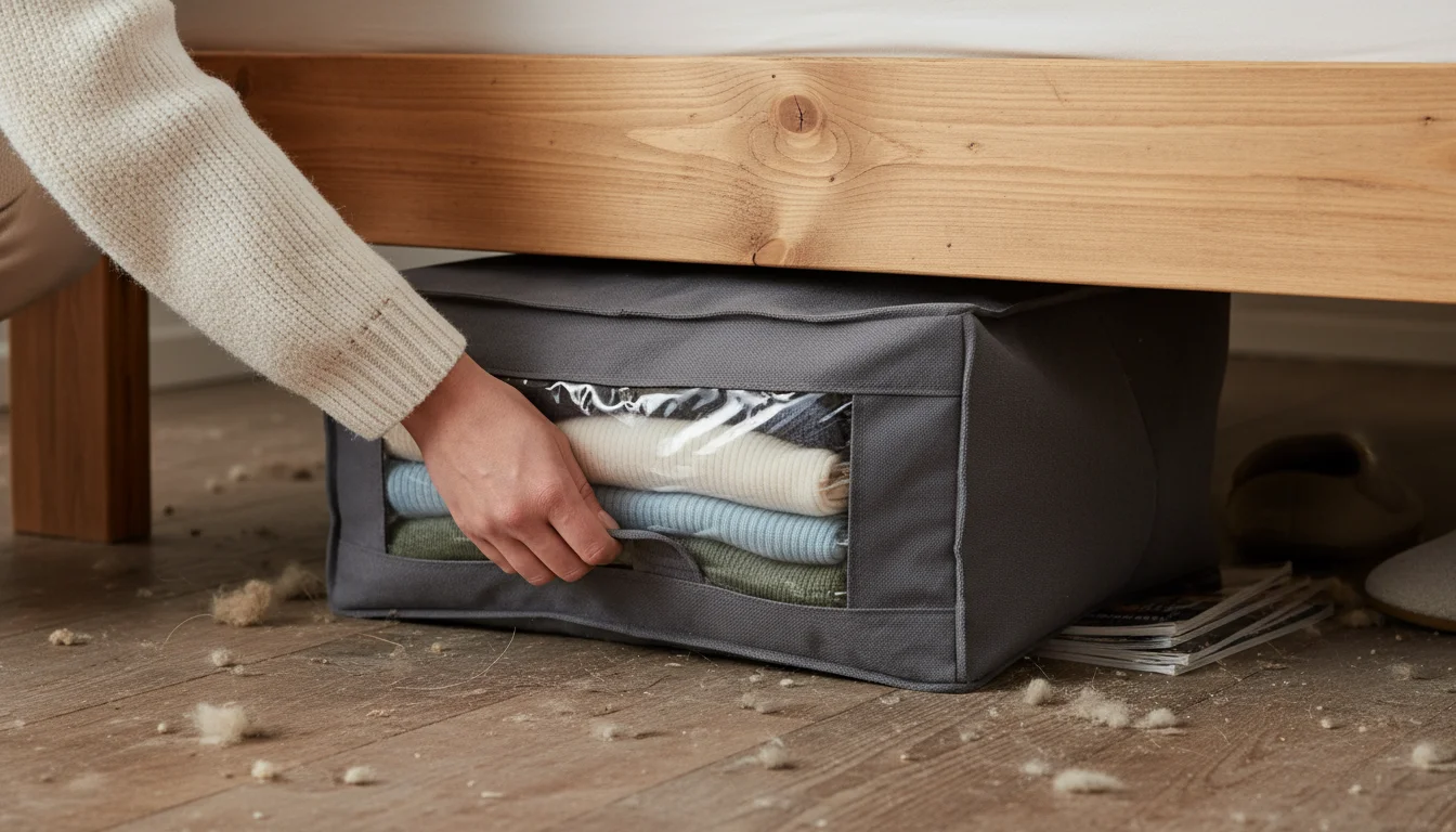 A hand slides a gray fabric under-bed storage bag with a clear window, showing folded sweaters, into a tight space under a wooden bed.