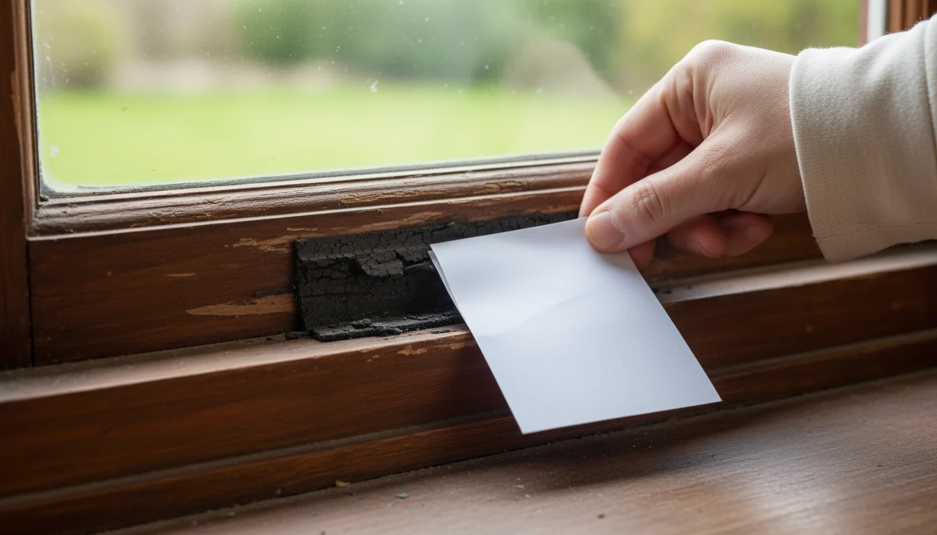 A hand slides a piece of paper through a window gap, revealing worn weatherstripping on an old wooden frame.