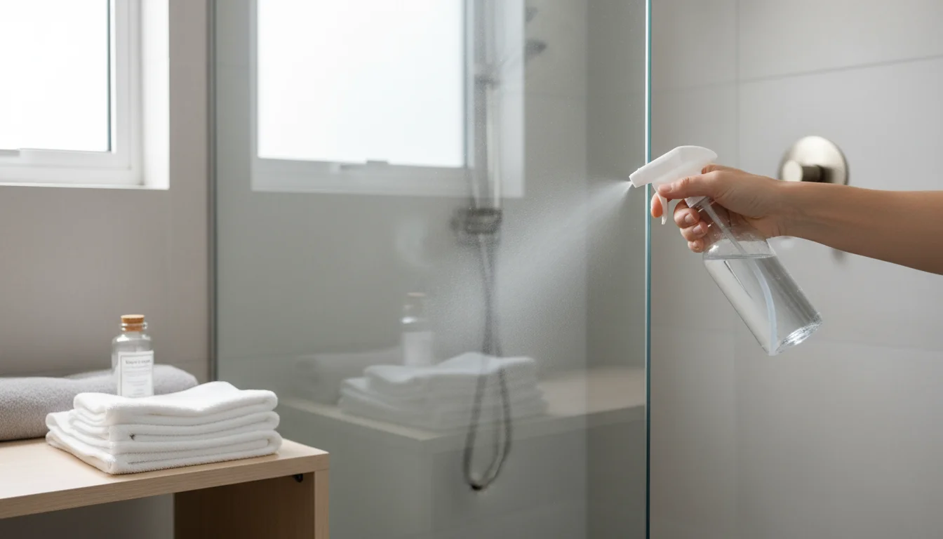 Hand spraying cleaner on a glass shower door in a bright bathroom, with dusting cloths nearby on a vanity.