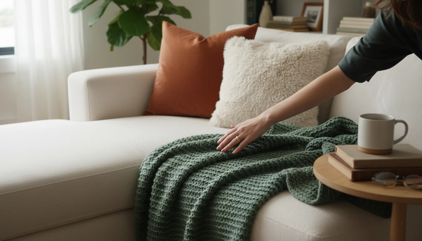 A hand gently touches a sage green chunky knit throw blanket on a neutral sofa, with rust velvet and cream faux fur pillows.