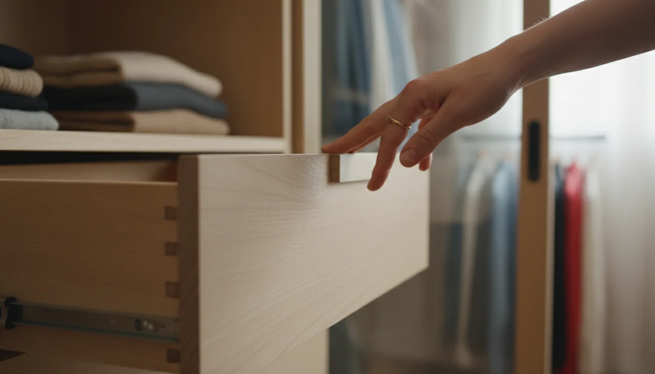 A hand gently touches a smooth, light wood custom closet drawer, contrasting with a blurry, sagging wire shelf in the background.