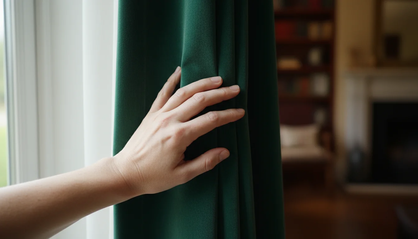 A hand gently touching the plush, forest-green velvet fabric of a window drape, showing its deep texture.