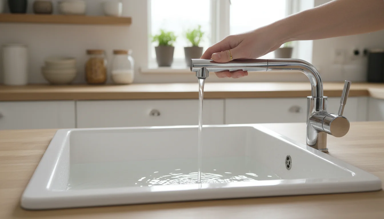 A hand turns a modern kitchen faucet, releasing hot water for a water heater flush.