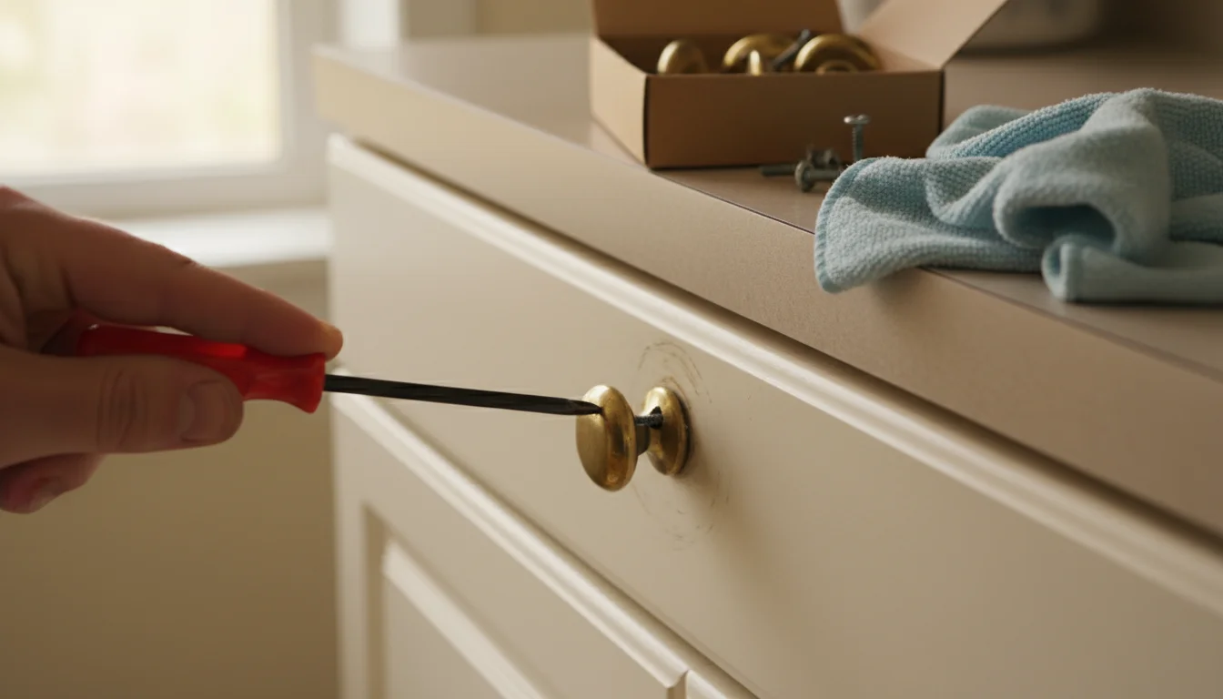 Close-up of a hand unscrewing an old cabinet knob with a screwdriver. A container of old hardware and a cloth are nearby.