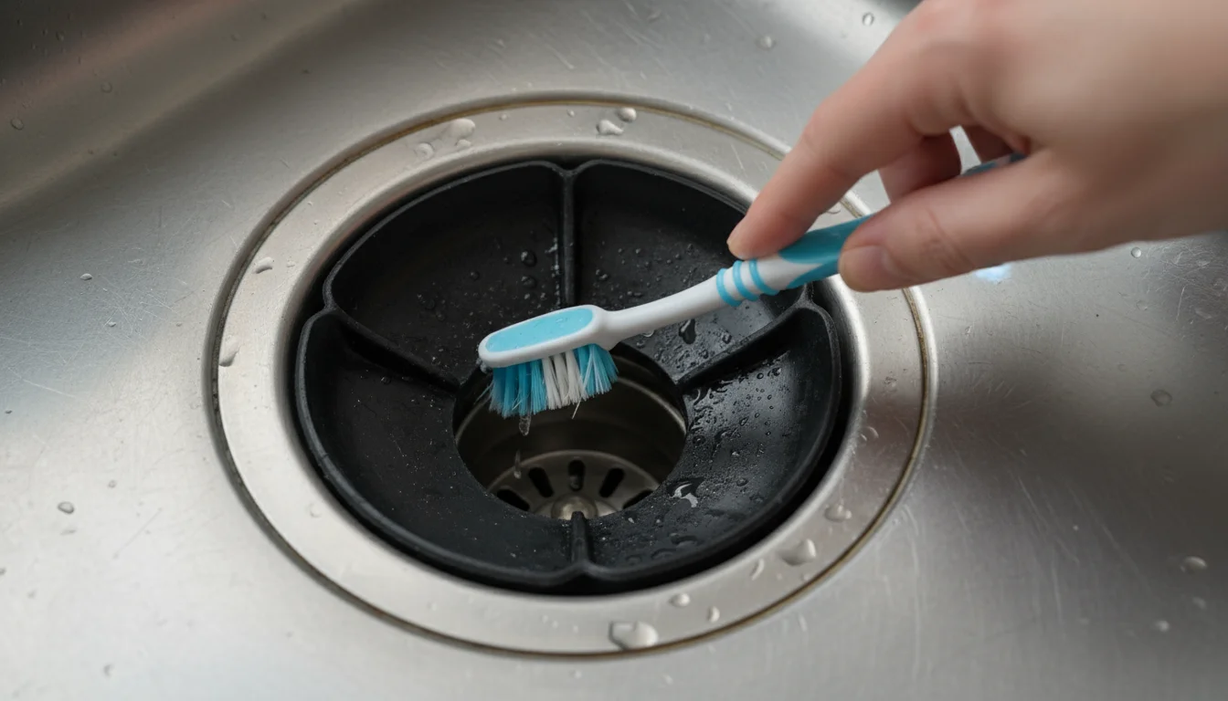 A hand uses an old, clean toothbrush to scrub the rubber splash guard flaps of a garbage disposal inside a kitchen sink drain opening.