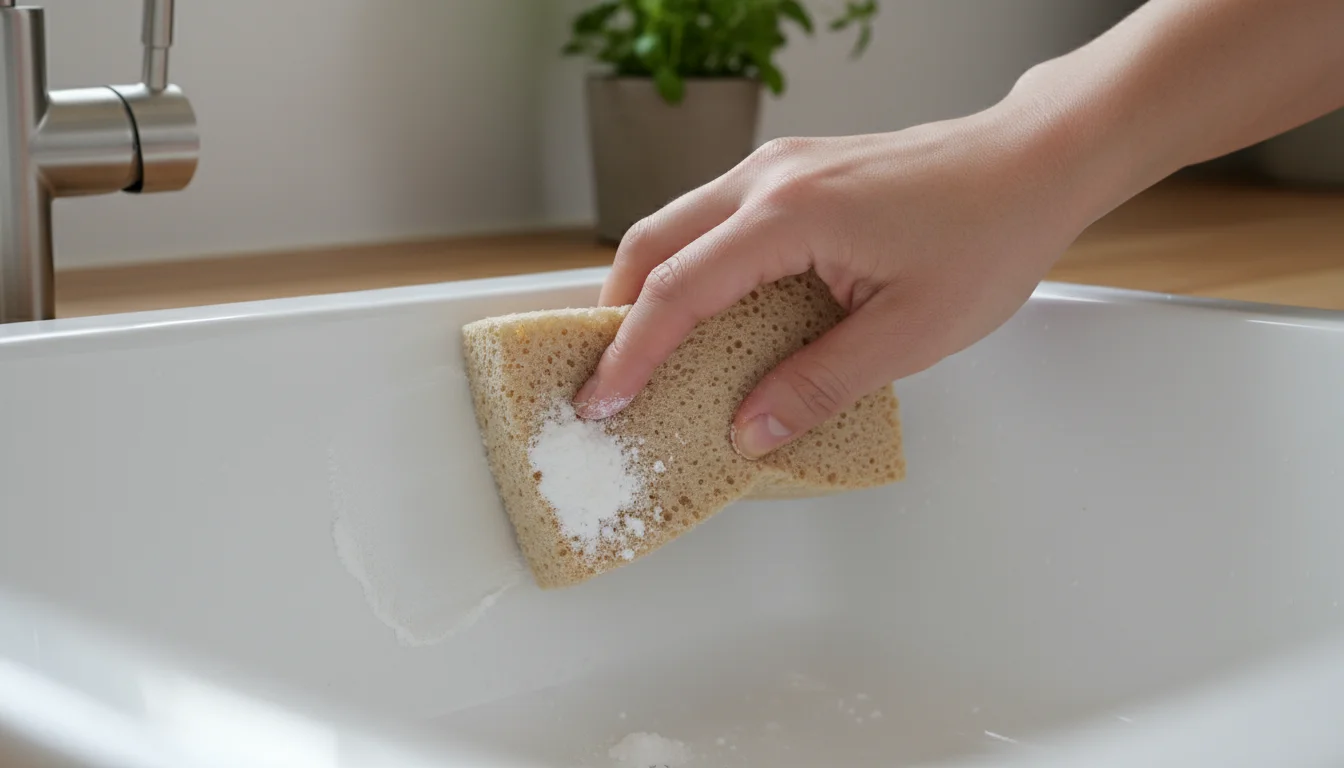 A hand using a beige sponge to wipe a white baking soda paste from a sparkling clean ceramic kitchen sink basin.