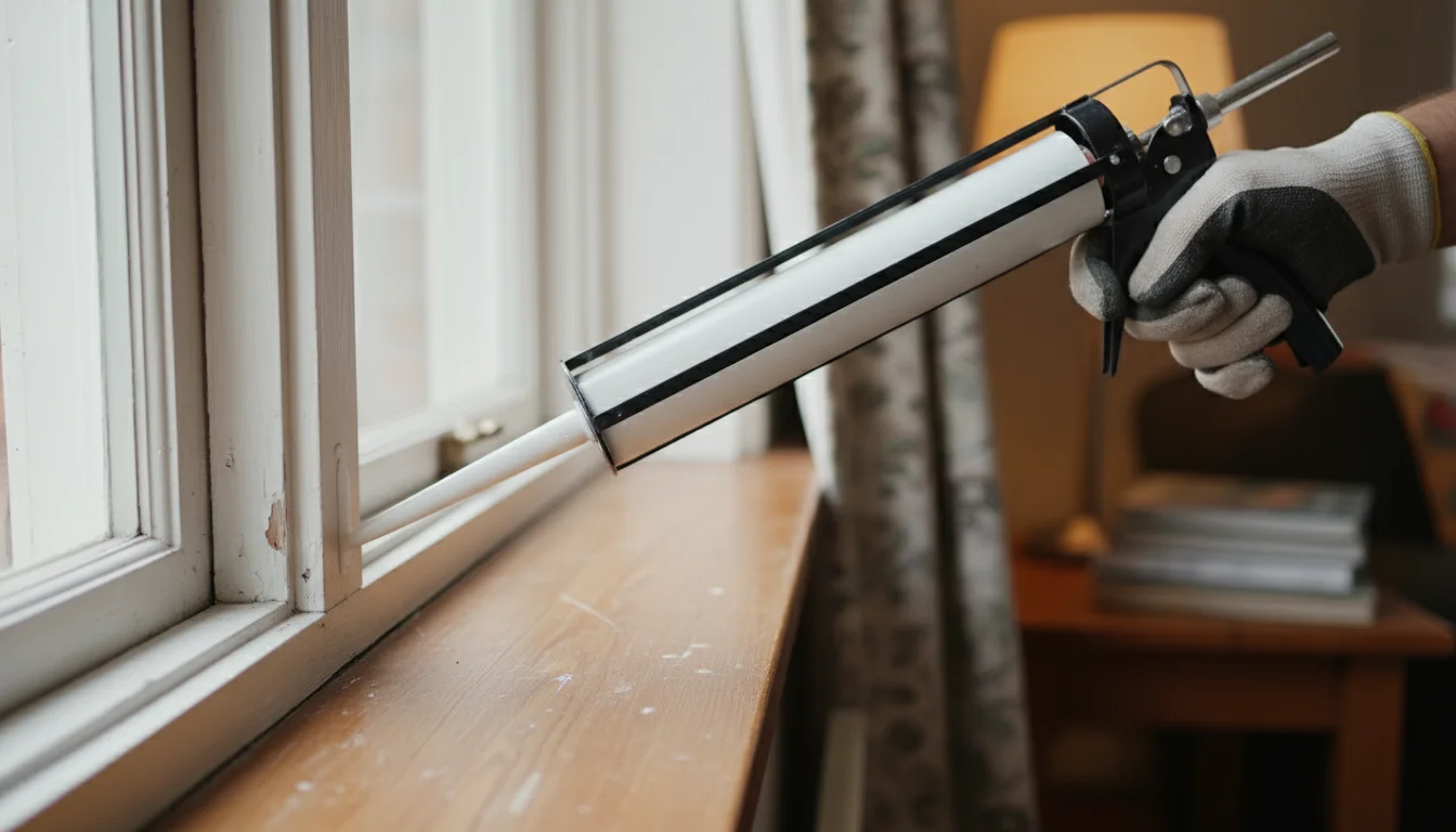 Close-up of a hand using a caulk gun to apply caulk on an old wooden window frame.