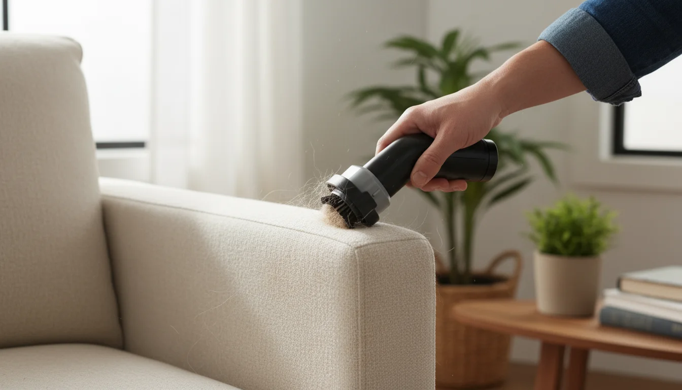 Close-up of a hand using a compact motorized pet hair vacuum attachment to meticulously clean a tight crevice in a plush armchair cushion.