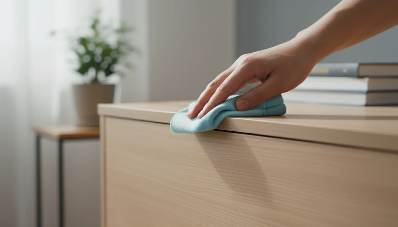 Hand using a light blue tack cloth to wipe a smooth, light-colored wooden furniture surface, clearing dust.