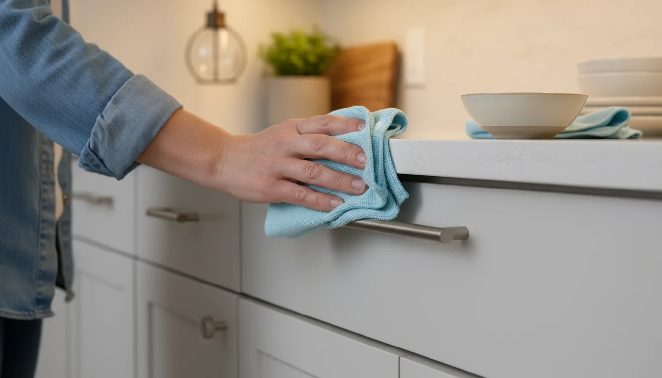 A hand gently wipes a brushed nickel kitchen cabinet pull with a soft, damp cloth, with a bowl of soapy water nearby.