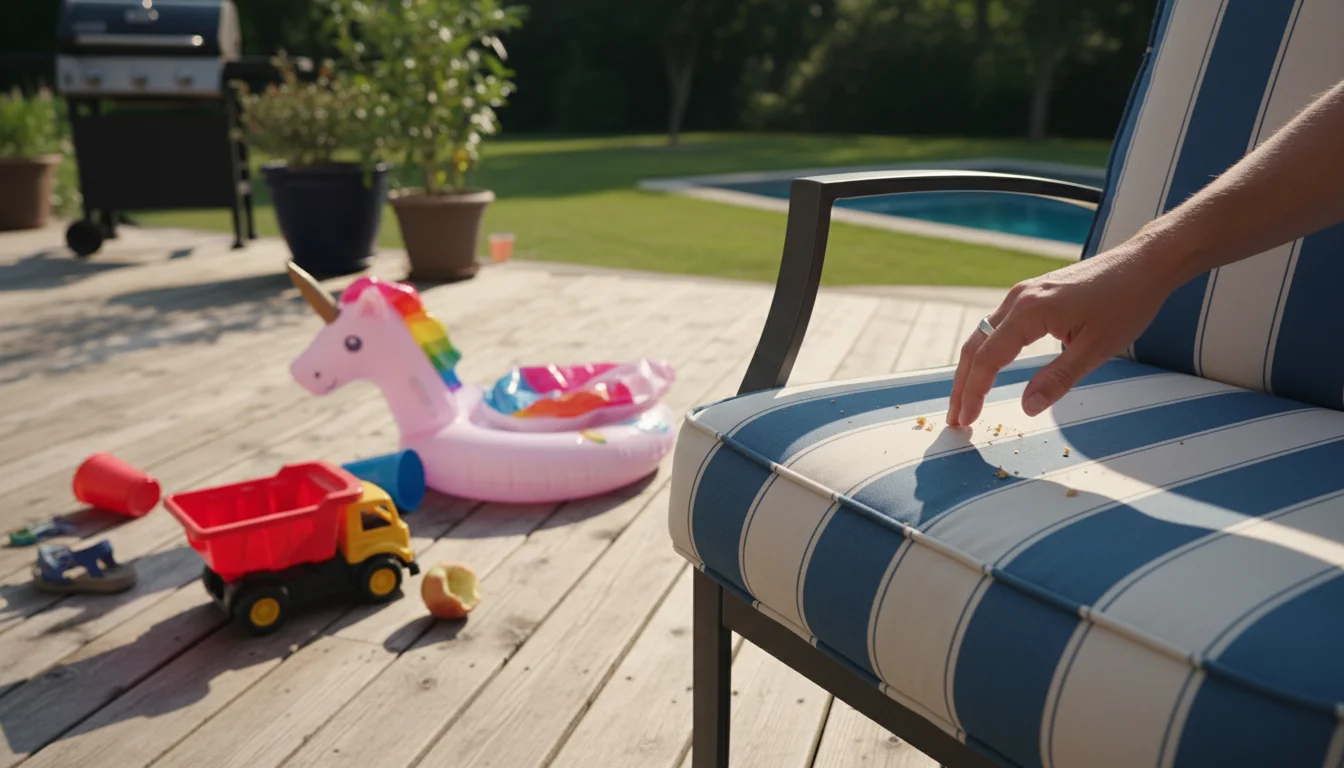 A hand gently wipes crumbs from an outdoor chair cushion on a sunny, lived-in deck with a colorful toy nearby.