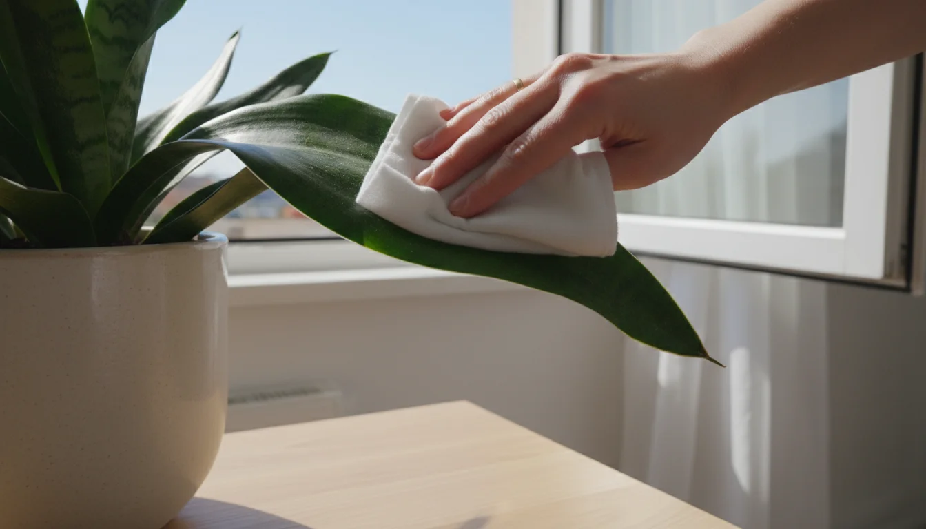 A hand carefully wipes dust from a healthy snake plant's green leaves on a light wooden table near an open window.