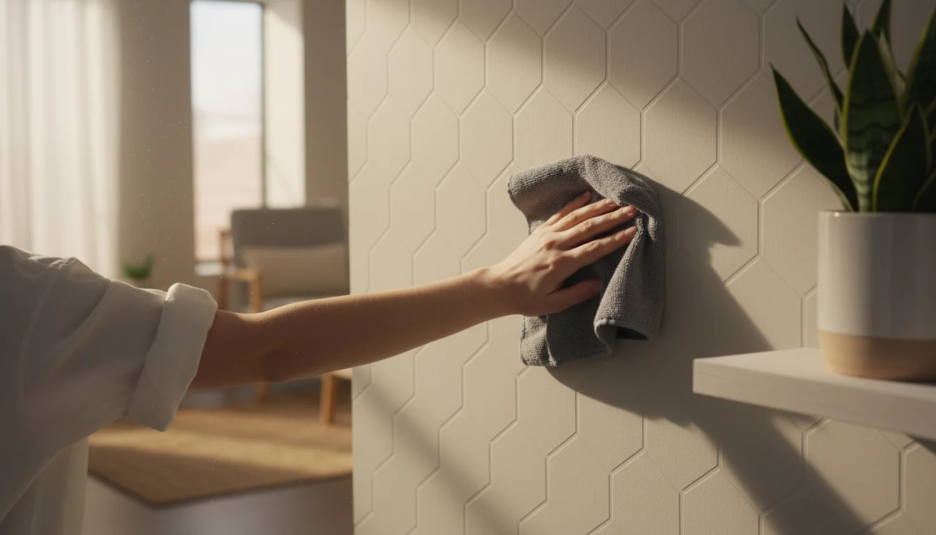 A hand gently wipes a light, subtly textured accent wall with a gray microfiber cloth in a bright living room.