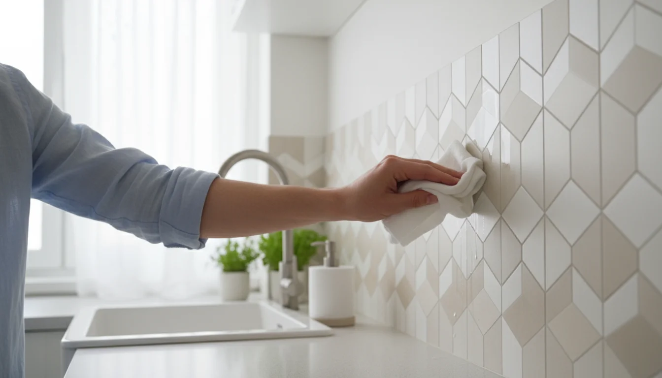 A hand gently wipes a small liquid spill from a light-colored, geometric-patterned peel-and-stick tile kitchen backsplash with a white cloth.