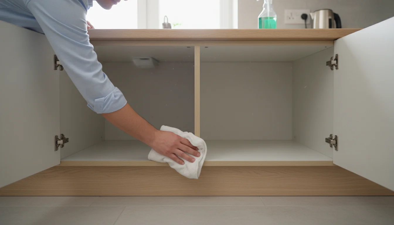 A hand wiping the inside of an empty kitchen base cabinet with a cleaning cloth and spray bottle visible nearby.