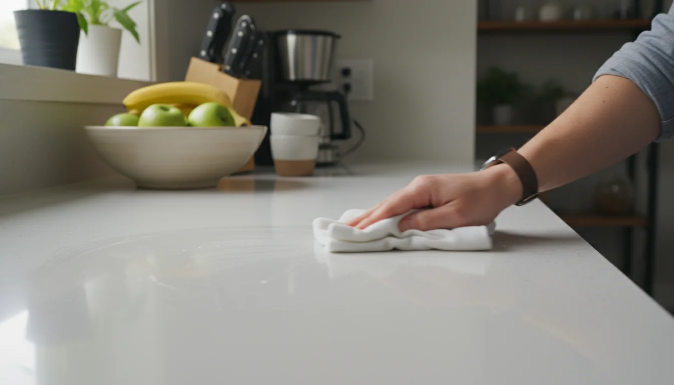 Hand wiping a kitchen counter with a cleaning cloth, neatly arranged coffee maker and fruit bowl in soft morning light.