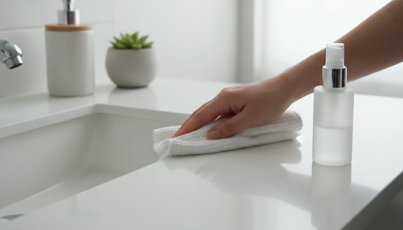 Hand wiping a white bathroom counter with a spray bottle and cloth.