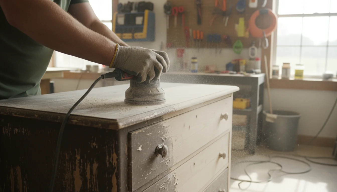 Hands actively sanding a vintage wooden dresser, revealing fresh wood beneath old finish, with sandpaper and tools nearby.