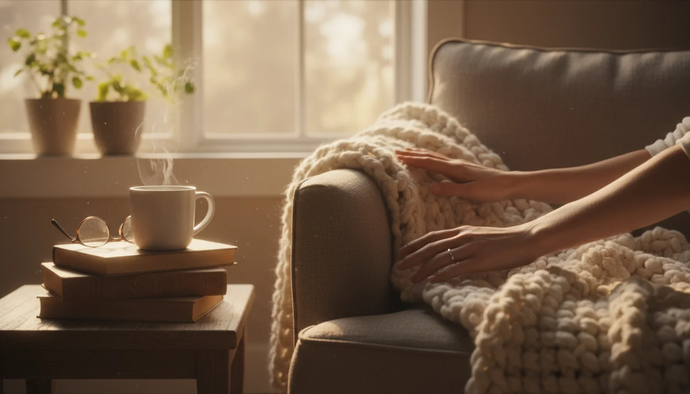 Hands adjusting a cream throw blanket on a plush armchair in a sunlit living room, with a mug and books on a side table.