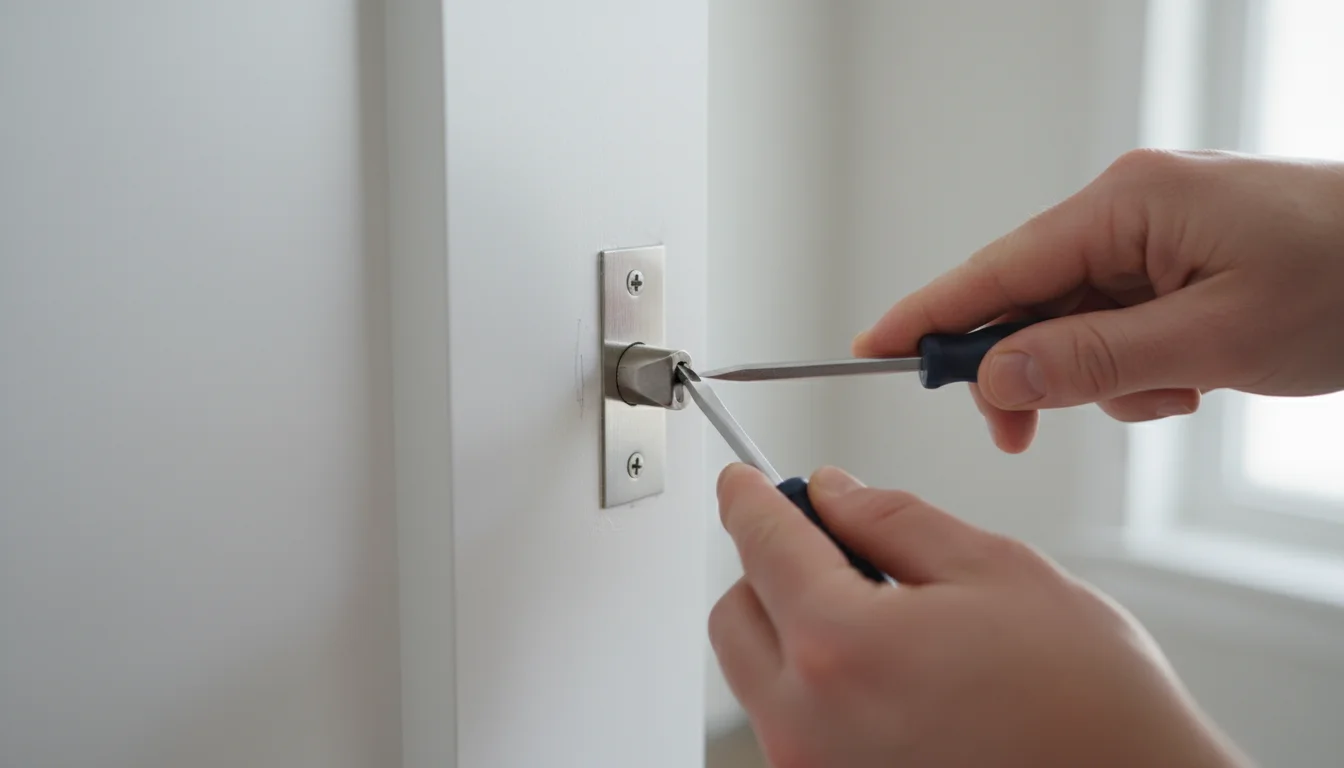 Hands adjusting a door strike plate with a screwdriver on a white door frame, with a pencil mark visible.