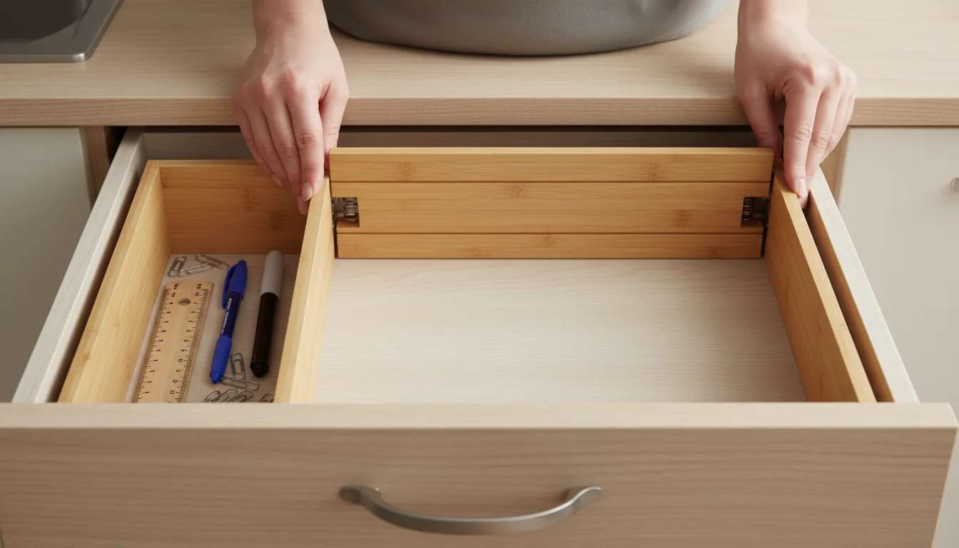 Hands gently adjusting an expandable bamboo divider in an open kitchen drawer with a few organized items.
