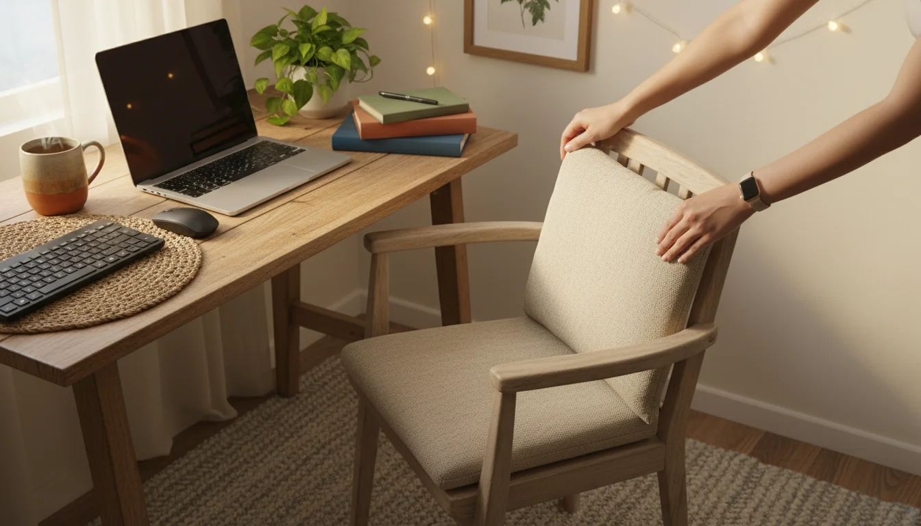 Hands adjusting a lumbar cushion on a chair, next to a laptop elevated on books with an external keyboard and mouse.