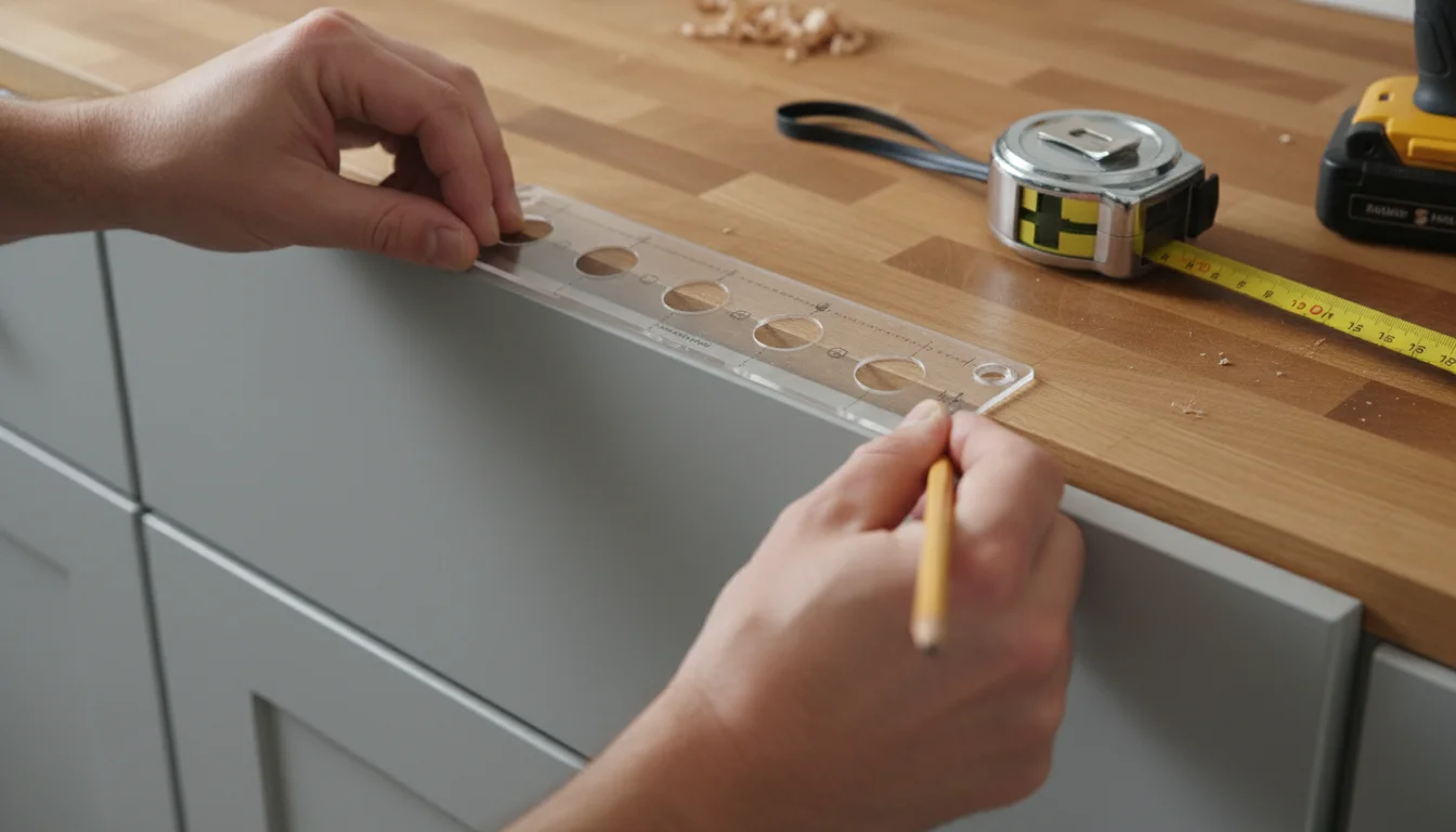 Hands carefully align a clear hardware template on a light kitchen cabinet door, a pencil ready to mark.