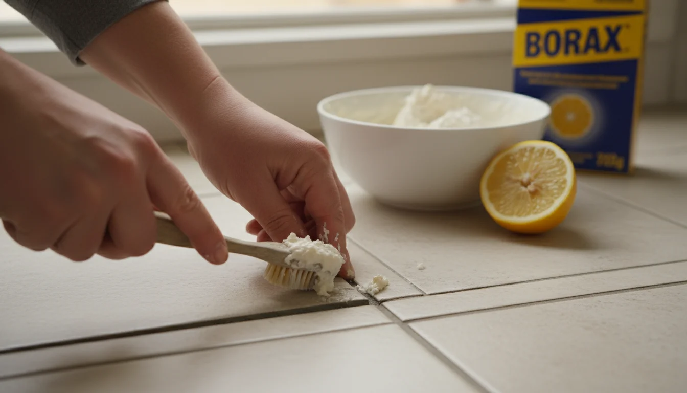 Hands apply a thick, off-white borax and lemon paste to kitchen floor grout using an old toothbrush, with ingredients visible in the background.