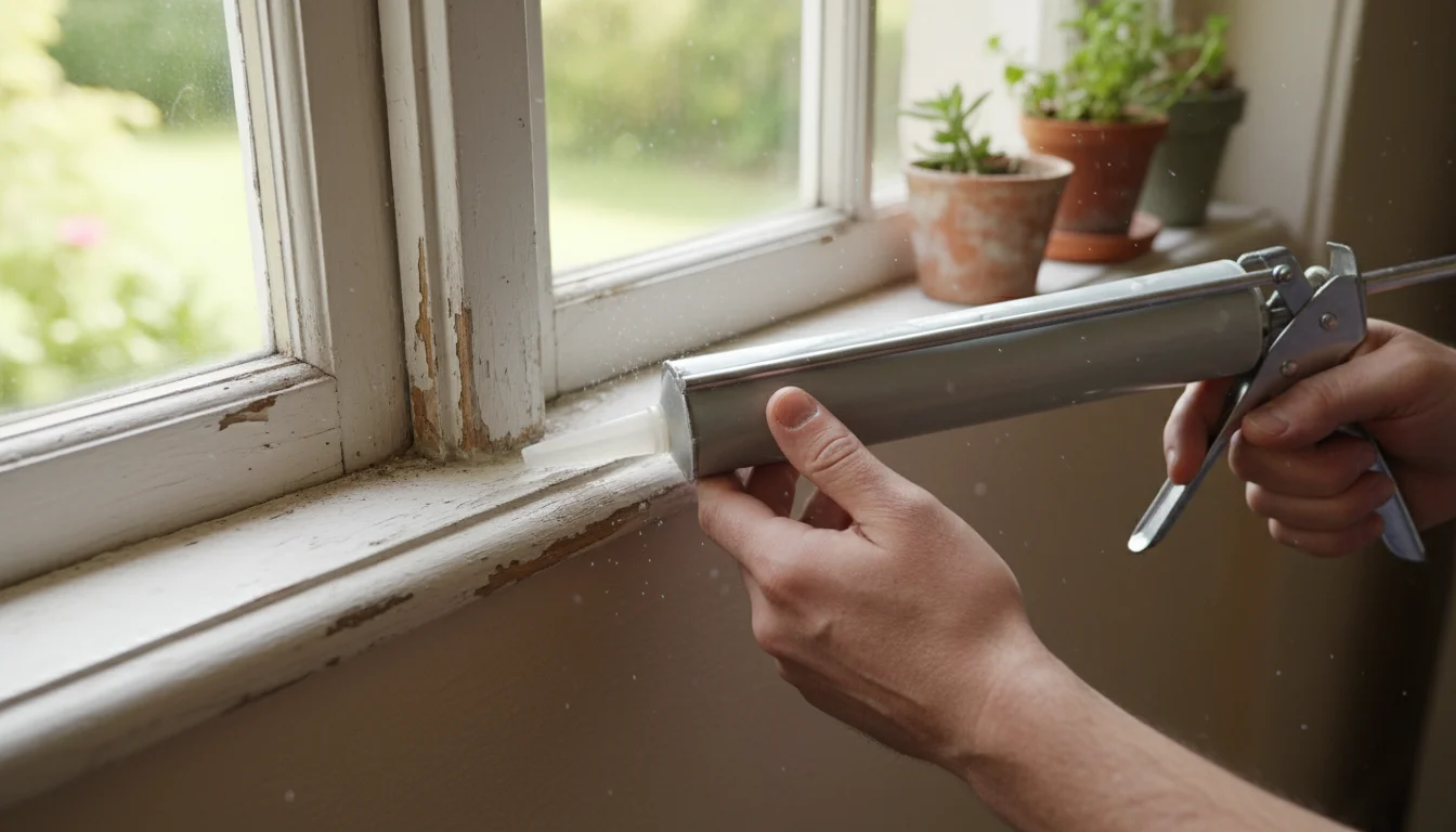 Close-up of hands applying clear caulk with a caulk gun around an old wooden window frame, soft diffused light.