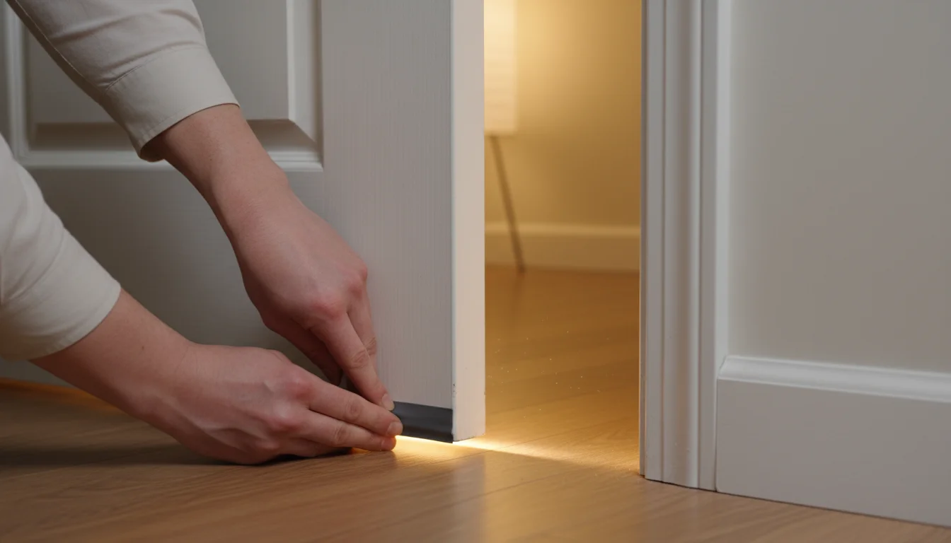 Close-up of hands applying a dark gray adhesive weatherstrip to the bottom of a white bedroom door frame, sealing a gap.