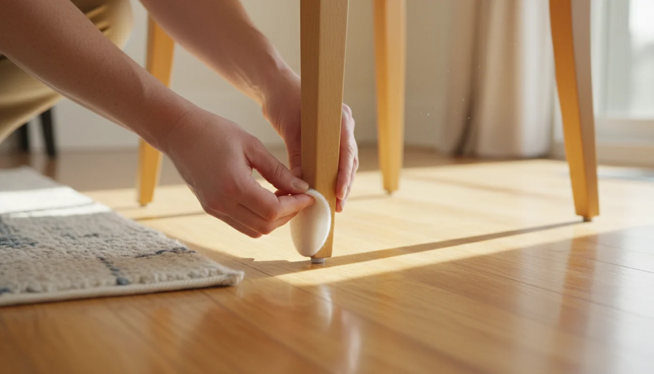 Hands applying a felt protector pad to a wooden chair leg on a clean hardwood floor, with a rug visible.