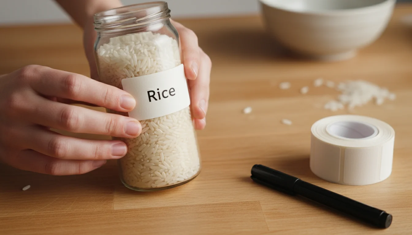 Close-up of hands applying a minimalist 'Rice' label to a clear glass jar on a warm kitchen counter, with blurred background showing other labeled pan