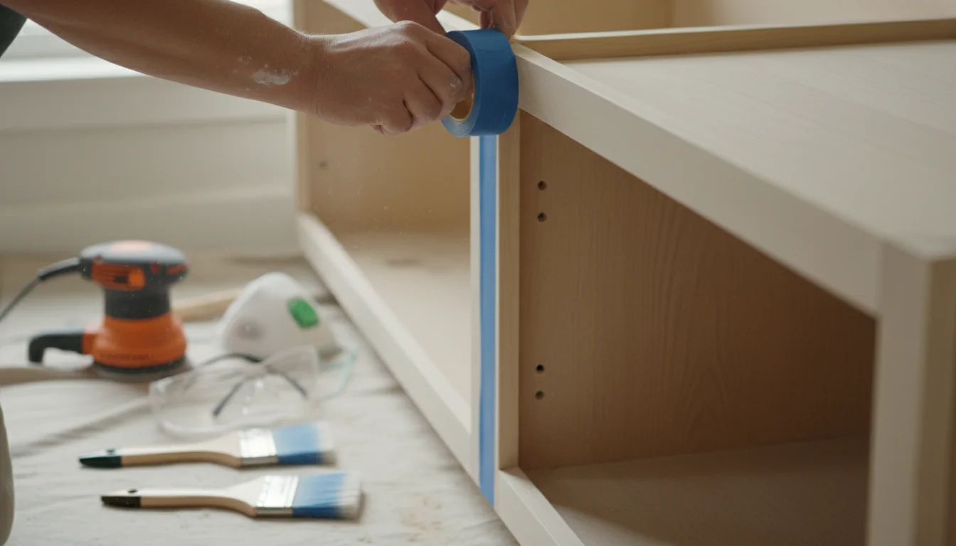 Hands carefully applying painter's tape to a kitchen cabinet frame. An orbital sander, paint brushes, safety glasses, and a mask are nearby on a drop
