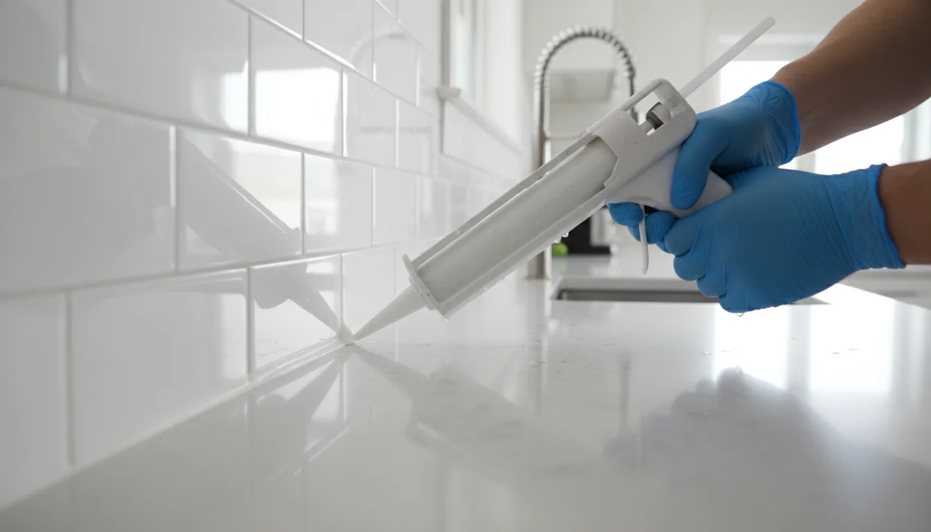 Hands carefully applying a thin bead of white caulk along the seam where a subway tile backsplash meets a kitchen countertop.