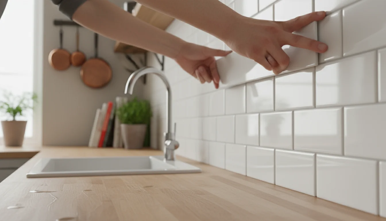 Hands carefully applying a white peel-and-stick subway tile to a kitchen wall above a clean countertop.