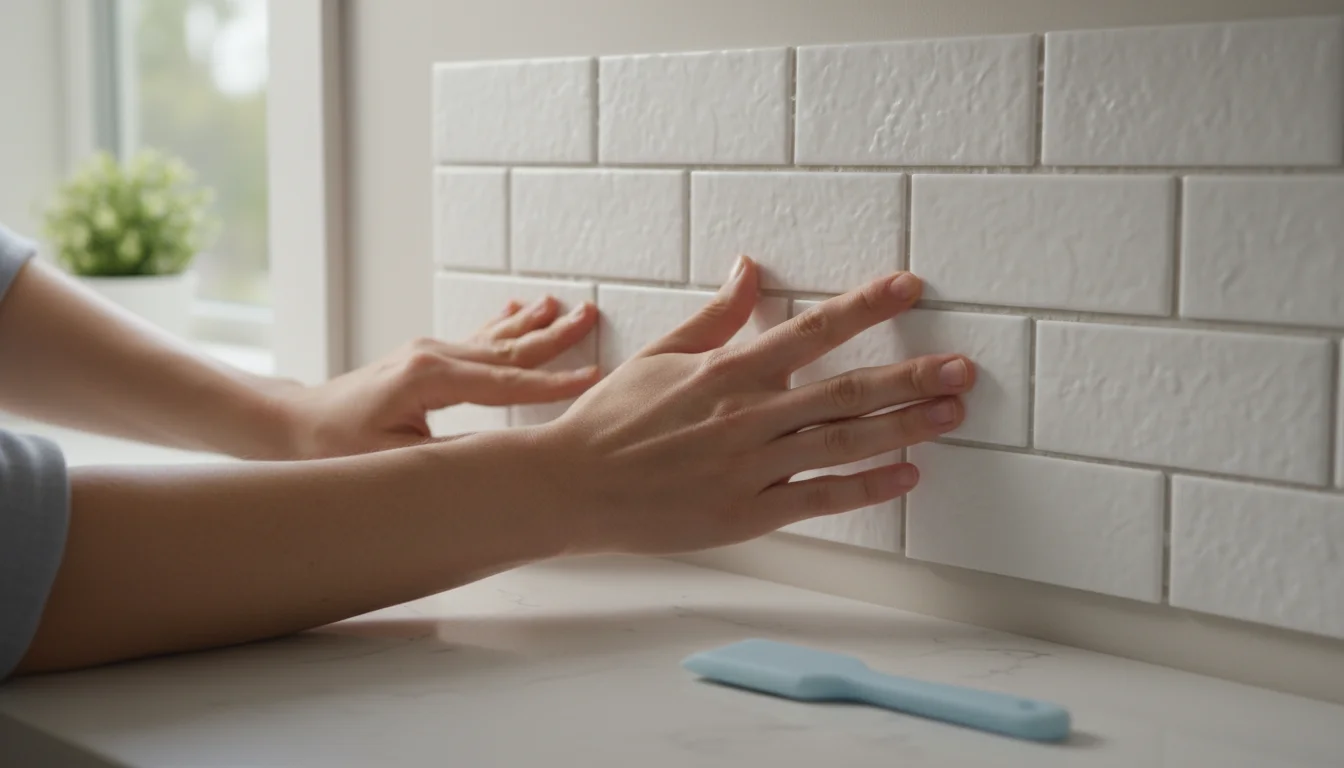 Close-up of hands applying white peel and stick subway tile backsplash onto a kitchen wall above a light counter, bathed in natural light.